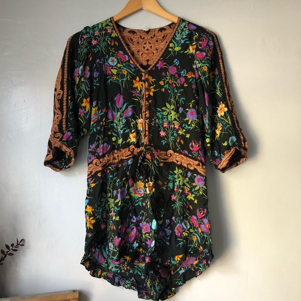 Spell Black Floral Romper with Brown Embroidered Trim